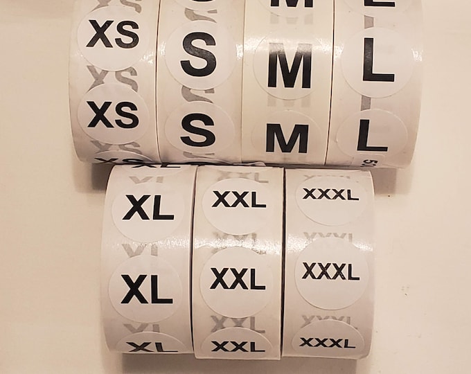 Featured listing image: 3500 - 3/4" Round Size Labels (7) roles - XS,S, M, L, XL, 2XL and 3XL FREE Shipping!