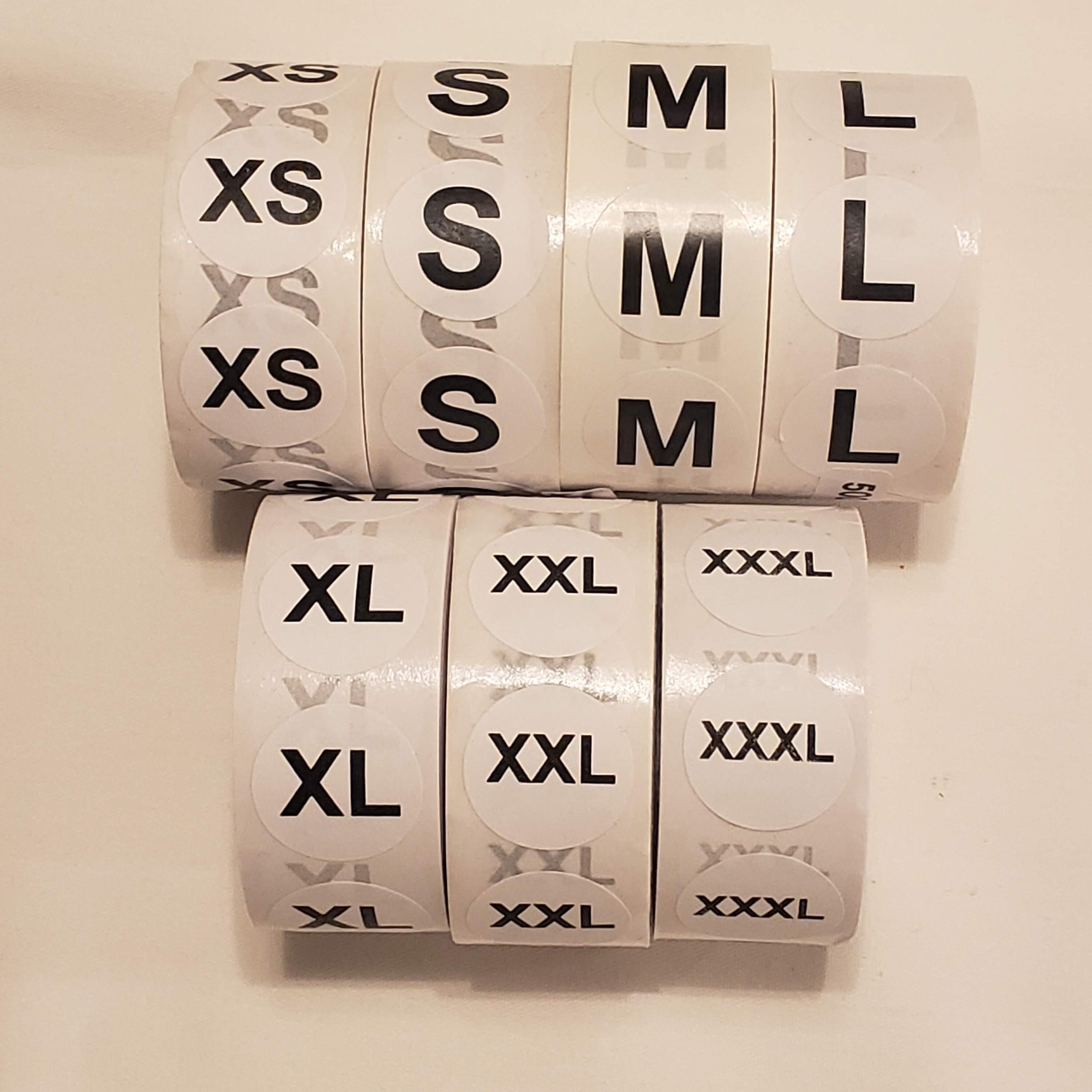 Black or Silver Retail Size Stickers Sticky Tags Labels XS S M L XL XXL 
