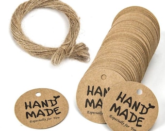 Kraft Paper Tags "Hand Made Especially For You" w/ Twine for T-shirts, Apparel FREE SHIPPING!