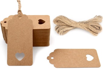 Kraft Paper Blank Cut-Out Heart Small Garment Tags w/ Twine - FREE SHIPPING!