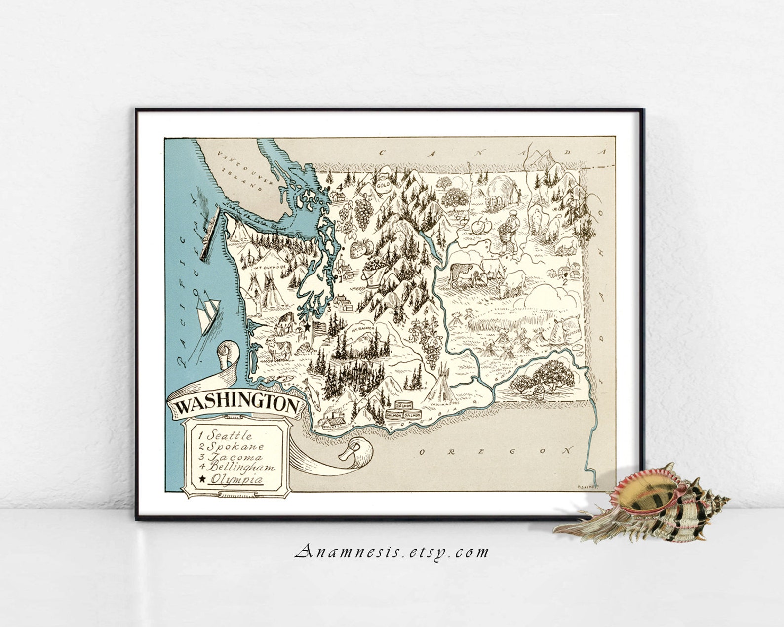 WASHINGTON MAP PRINT Printable Instant Digital Download Vintage Pictorial Map for Framing ...