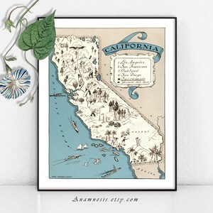 CALIFÓRNIA MAP Print Digital Download - mapa vintage imprimível para molduras, bolsas, travesseiros e cartões - arte do mapa ilustrado