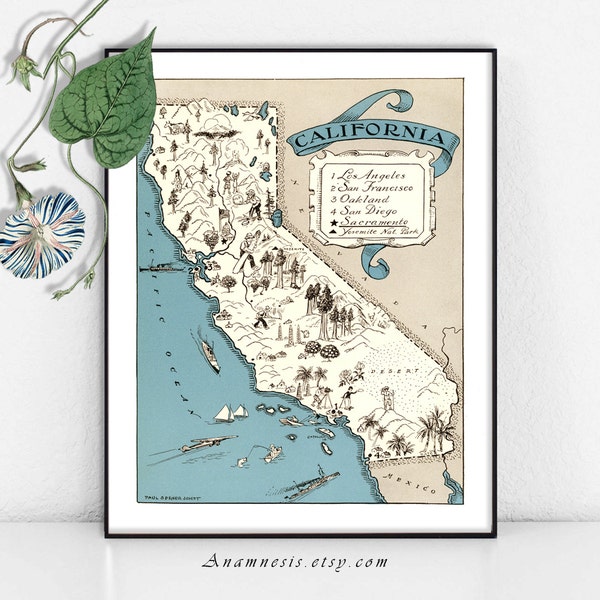 Art de carte Californie carte impression Digital Download - imprimable carte vintage pour le cadrage, totes, oreillers & cartes - photo