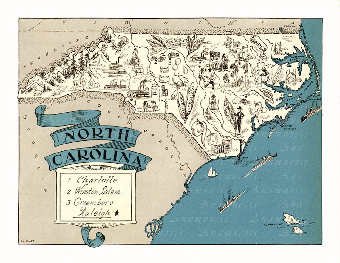 NORTH CAROLINA MAP Print Digital - Il 1140xN.450279761 Ljjc 
