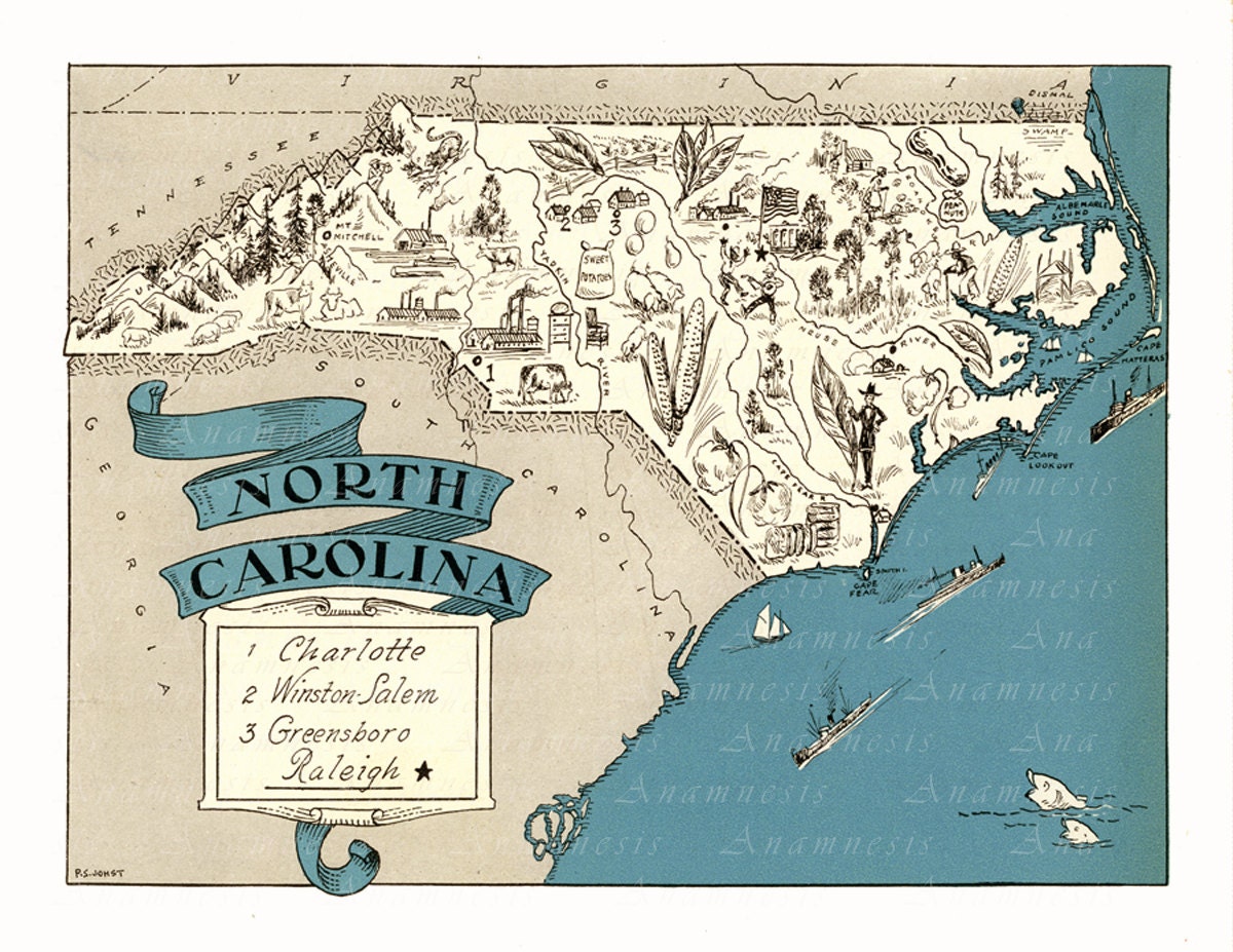NORTH CAROLINA MAP Print Digital Download Printable Vintage - Etsy