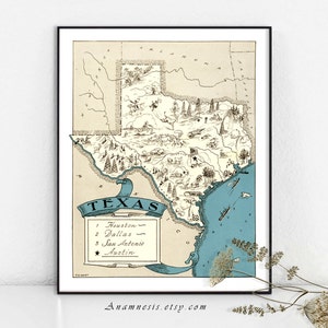 TEXAS PICTURE MAP Print - Instant Digital Download - printable vintage picture map for framing, totes, t-shirts, mugs - fun retro map art