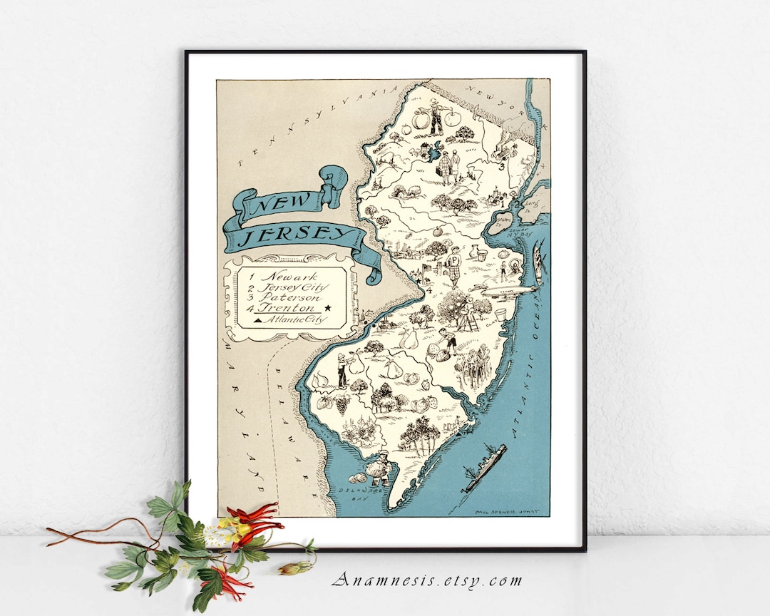 NEW JERSEY MAP - Instant Digital Download - Printable Vintage State Map ...