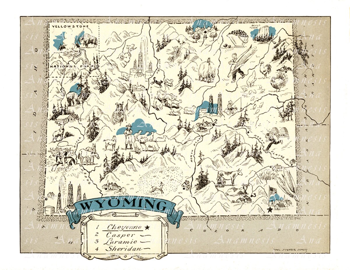 WYOMING MAP Print Instant Download Printable Vintage Map for Framing ...