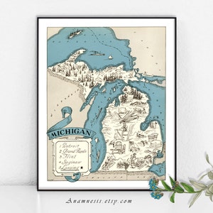 Fun MICHIGAN MAP - Instant Digital Download - printable vintage state map for framing, totes, cards, mugs, tags - fun pictorial map decor