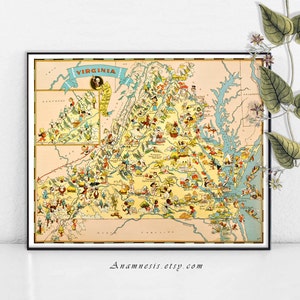 VIRGINIA  MAP - High Res Digital Image -  retro picture map to print and frame - pillows, totes & cards - fun vintage house warming gift