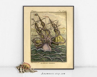Octopus Art Print - KRACKEN PRINT in COLOR - Instant Download - printable sea life illustration for prints, totes, fabric, clothes, wall art