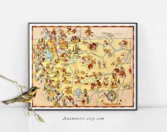 MONTANA MAP - Enhanced High Res Digital Image Download - printable vintage map for framing, totes, cards, pillows, mugs etc.- fun map art