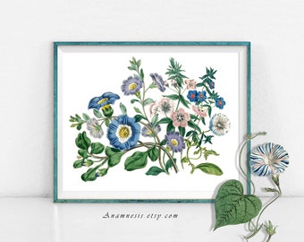 BLUE FLOWERS BOUQUET - digital image download - printable 1800's illustration retooled for image transfer - totes, pillows, prints, fabric