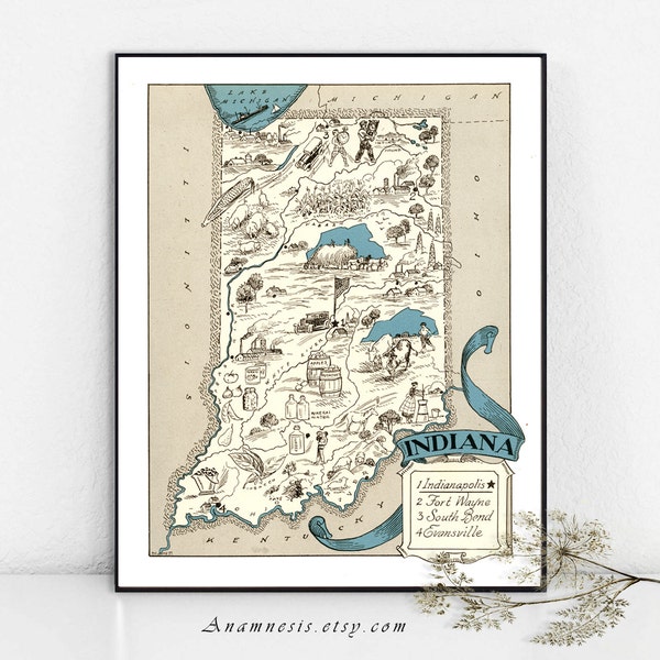 INDIANA MAP - Instant Digital Download - printable picture map illustration for framing, pillows, totes, cards, t-shirts etc. - home decor