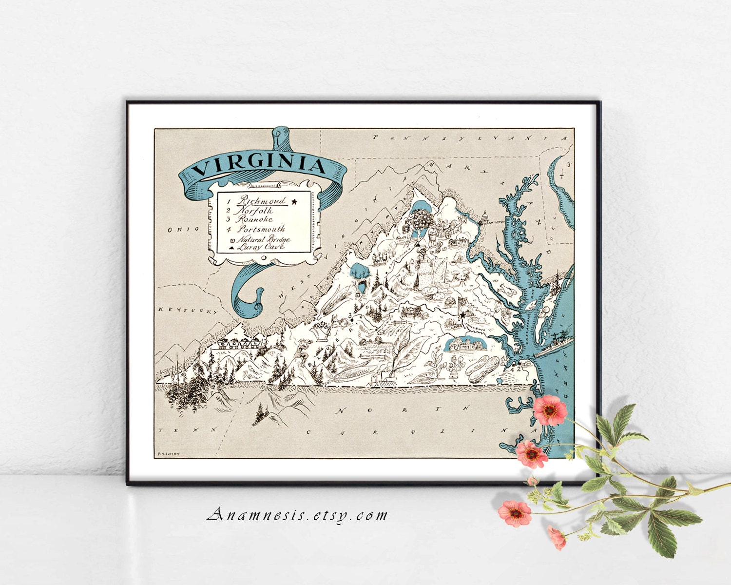VIRGINIA MAP Instant Digital Download Printable Vintage Map for Framing, Crafts, Scrapbooking ...