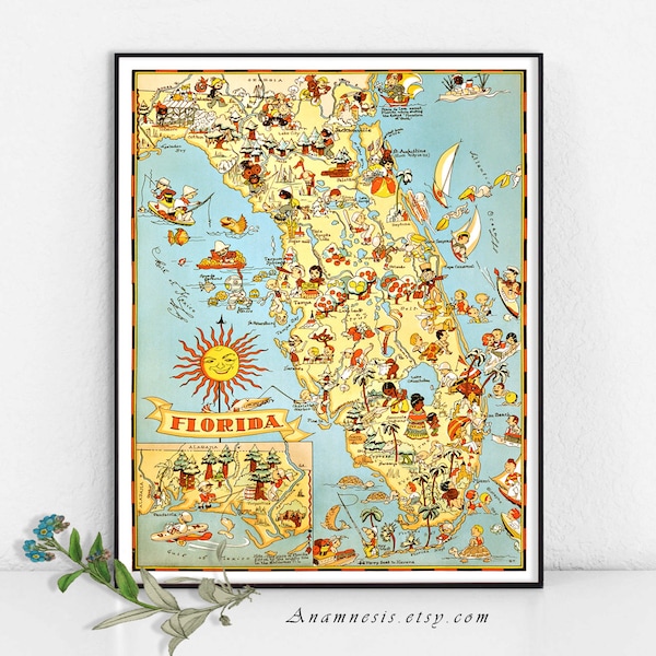 Vintage FLORIDA MAP- Instant Digital Download - printable retro Florida picture map for framing, cards, totes, wedding gift, dorm room, tags