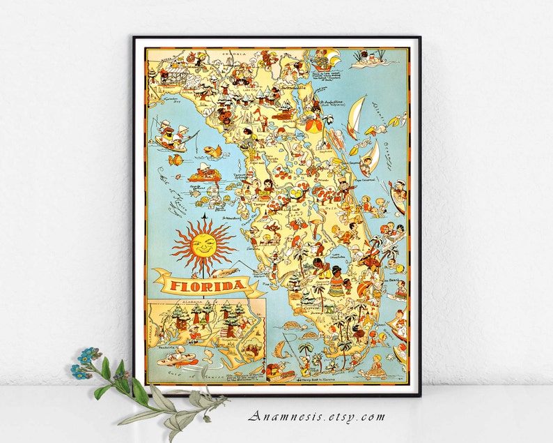 Vintage FLORIDA MAP Instant Digital Download printable retro Florida picture map for framing, cards, totes, wedding gift, dorm room, tags image 1