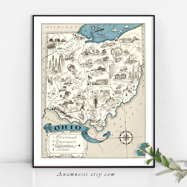 OHIO MAP - Enhanced High Res Digital Image Download - printable vintage state map for framing, totes, pillows & cards - lovely, fun map art