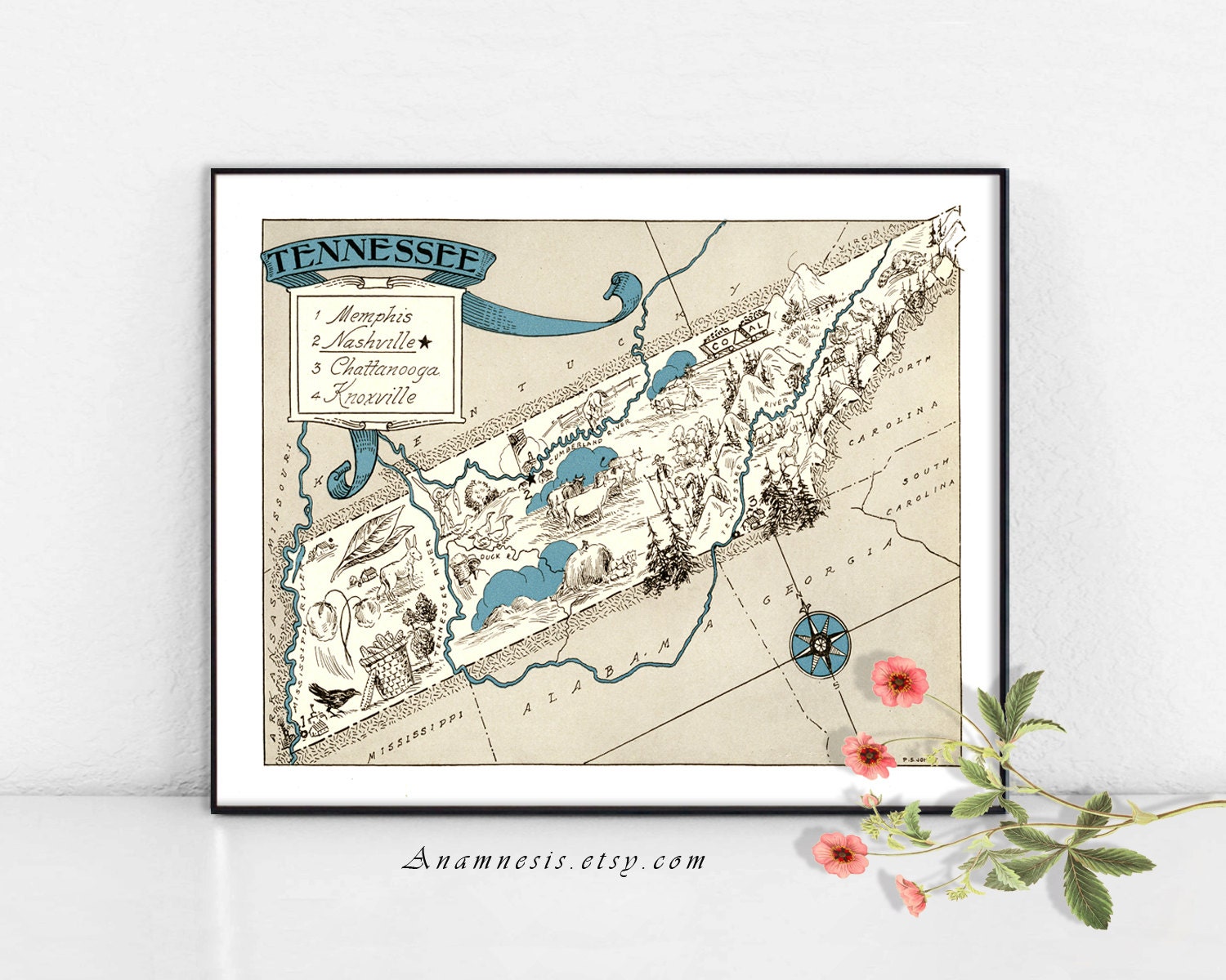 TENNESSEE MAP Instant Digital Download Printable Vintage State Map for ...