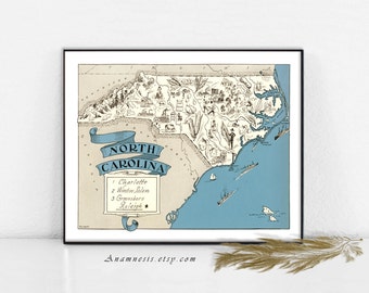 NORTH CAROLINA MAP Print Digital Download - printable vintage picture map for framing, pillows, totes & cards - fun wedding art