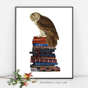 BOOKISH OWL digital image download large printable owl and old books illustration for image transfer totes, pillows, prints, cards image 1