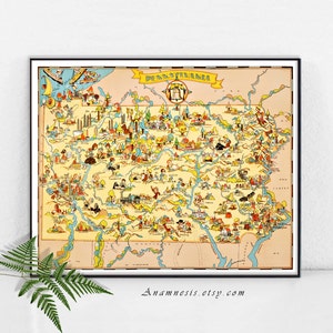 PENNSYLVANIA MAP - Instant Digital Download - printable vintage picture map for framing, totes, pillows, cards - retro map art wall decor
