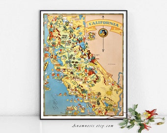CALIFORNIA MAP - High Res Digital Image - 1935 California picture map - frame it - totes, pillows, prints - fun vintage map art - home decor