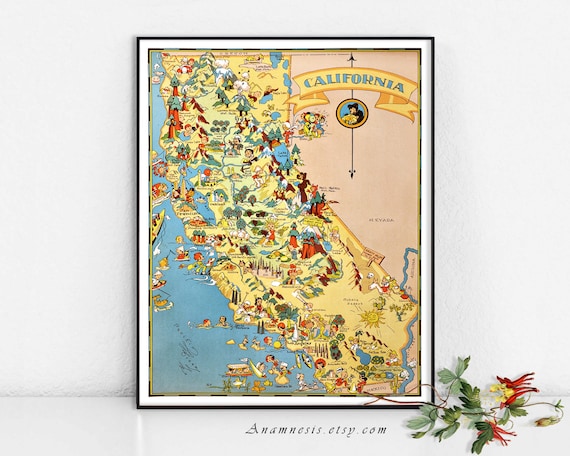 CALIFORNIA MAP - High Res Digital Image - 1935 California picture map - frame it - totes, pillows, prints - fun vintage map art - home decor