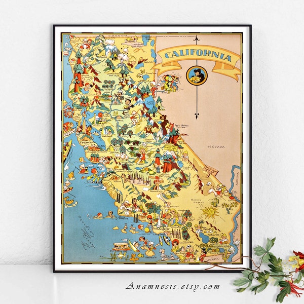 CALIFORNIA MAP - High Res Digital Image - 1935 California picture map - frame it - totes, pillows, prints - fun vintage map art - home decor