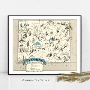 WYOMING MAP Print - téléchargement immédiat - imprimable carte vintage pour le cadrage, totes, oreillers & cartes etc. dans aqua - mariage beau placage