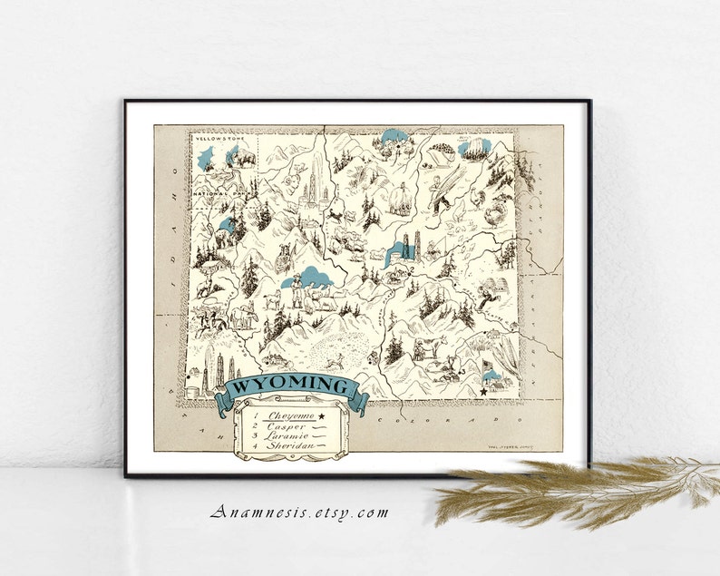 pillows /& cards etc in aqua WYOMING MAP Print lovely wedding map art Instant Download printable vintage map for framing totes