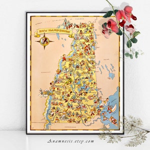 NEW HAMPSHIRE MAP - Instant Digital Download - printable picture map for framing, totes, towels, cards, clothes etc. - fun vintage map art