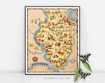 ILLINOIS MAP - High Res Digital Image - Illinois picture map to frame - totes, pillows, prints - very charming vintage map art - home decor