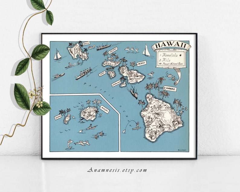 HAWAII MAP Instant Digital Download printable vintage map for framing, weddings, nursery, totes, cards, crafts fun retro beach art image 1