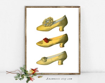 THREE YELLOW SHOES - Instant Digital Download - printable antique French fashion illustration for framing, totes, crafts, wall decor, tags