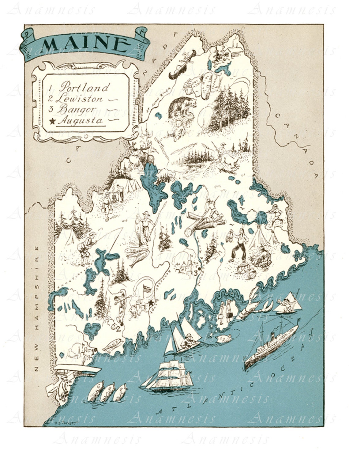 MAINE MAP Printable Maine Map, Map Wall Decor, Coastal Decor Map ...