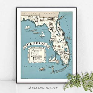 VINTAGE FLORIDA MAP - Imagem digital de alta resolução - grande mapa ilustrado para impressão para bolsas, travesseiros e estampas - arte de mapa divertida para sua casa