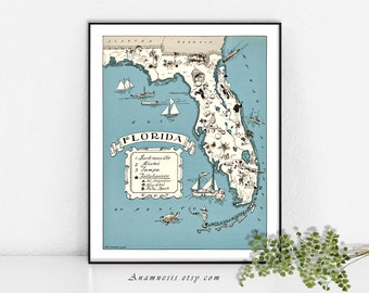 VINTAGE FLORIDA MAP - High Res Digital Image - large printable picture map for totes, pillows & prints - fun map art for your home