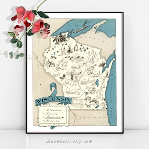 CARTE de WISCONSIN - Instant Digital Download - carte imprimable État vintage pour le cadrage, totes, cartes, tasses, tags - plaisir pictural carte décoration murale