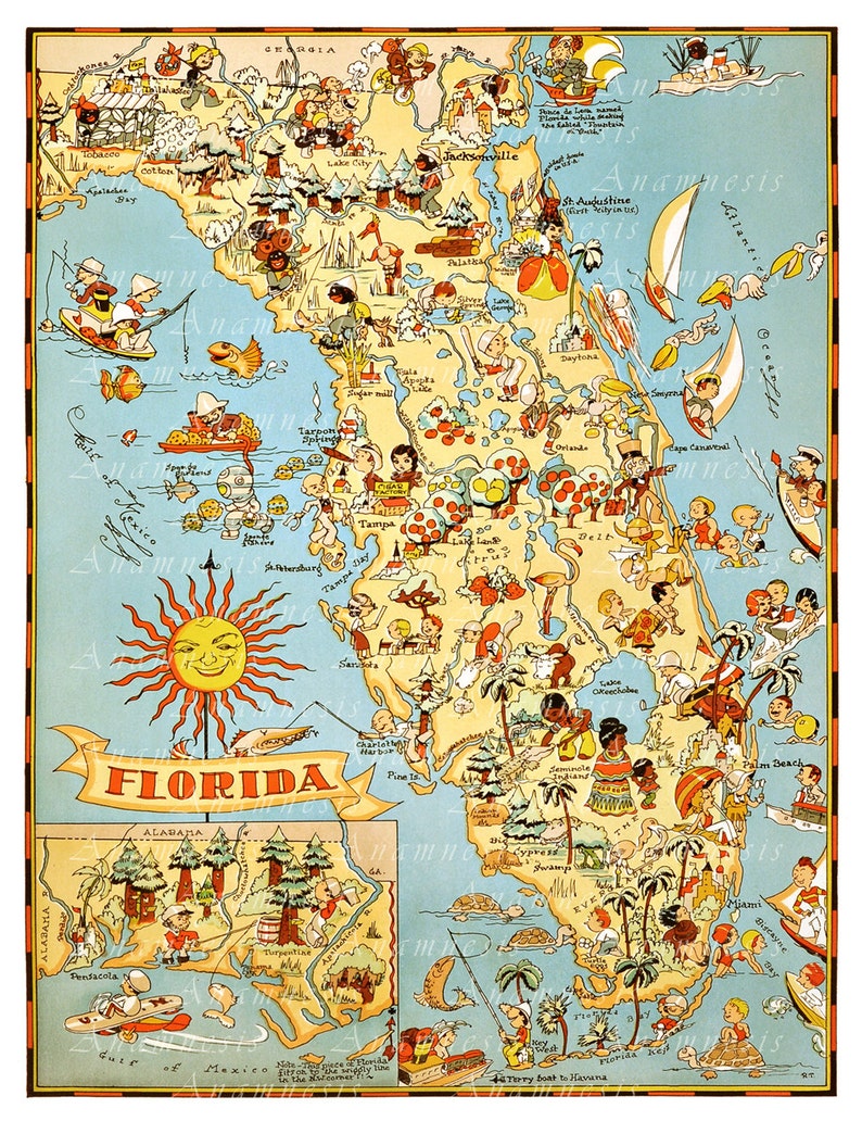 Vintage FLORIDA MAP Instant Digital Download printable retro Florida picture map for framing, cards, totes, wedding gift, dorm room, tags image 3