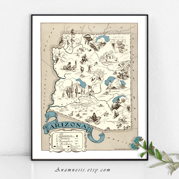 ARIZONA MAP - Instant Digital Download - printable picture map illustration for framing, scrapbooking, dorm room, wall decor, totes, crafts