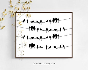 BIRDS ON A WIRE - digital download - printable graphic bird vintage image by Anamnesis - image transfer - totes, pillows, prints, clothes