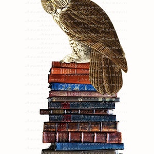 BOOKISH OWL digital image download large printable owl and old books illustration for image transfer totes, pillows, prints, cards image 3