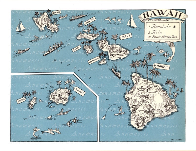 HAWAII MAP Instant Digital Download printable vintage map for framing, weddings, nursery, totes, cards, crafts fun retro beach art image 3