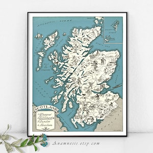 Impression de carte de l'Ecosse - Image à téléchargement immédiat - carte imprimable de l'Ecosse - impression d'art côtier - carte artistique de l'Ecosse - art vintage de la carte de l'Ecosse