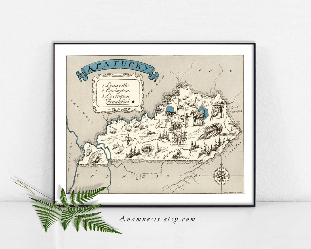 KENTUCKY MAP - Instant Digital Download - Printable Vintage State Map ...