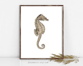 SEAHORSE in SEPIA - Instant Download - printable antique sea life illustration for framing, totes, pillows, scrapbooking etc. - wall decor