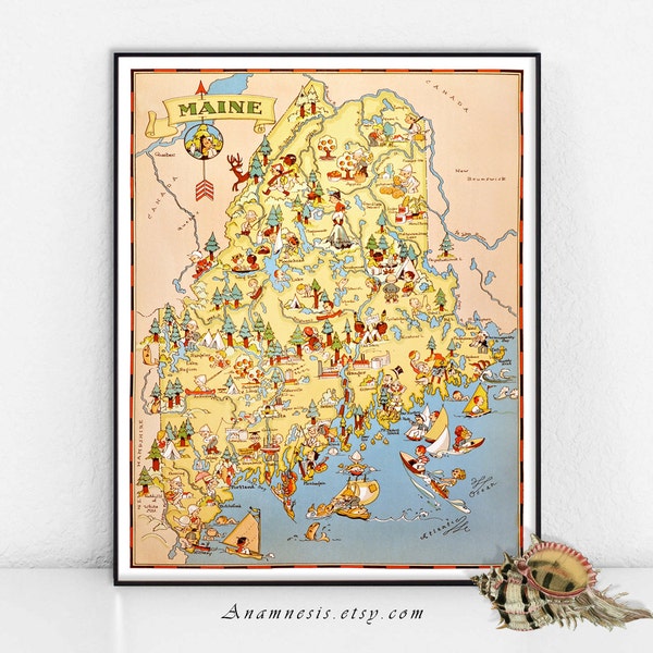 MAINE MAP - High Res Digital Image - fun Maine picture map to print and frame - put on totes, pillows, cards - charming house warming gift