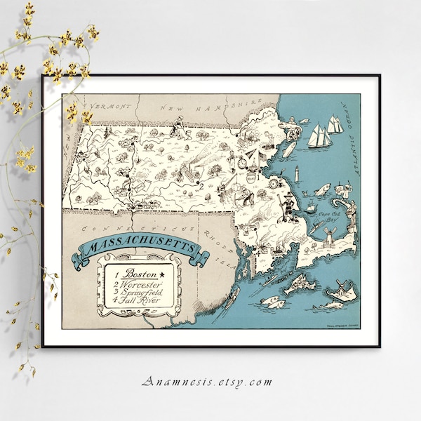 MASSACHUSETTS MAP - digital image download -printable vintage massachusetts picture map for framing, totes, pillows, tshirts etc. - fun art!