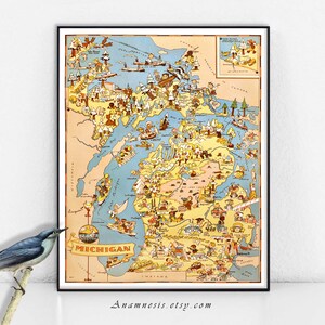 MICHIGAN MAP - High Res Digital Image - fun picture map to print and frame - put on totes, pillows, cards - charming house warming gift